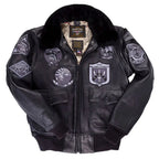 Front view of Cockpit USA Men's Bogard Stealth G-1 Jacket with black and gray tonal patches and shearling collar