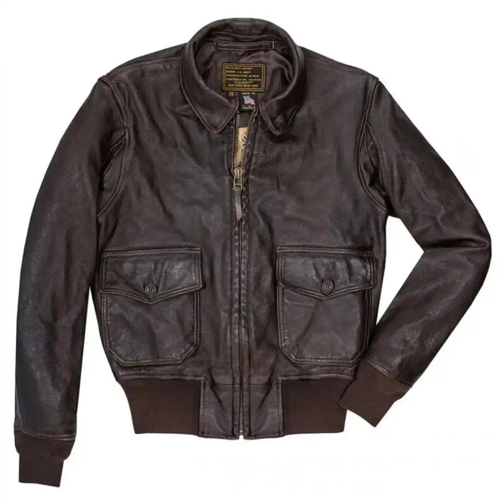 Front view of Cockpit USA Men's US Navy Carrier Pilot Leather Flight Jacket in dark brown
