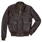 Front view of Cockpit USA Men's US Navy Carrier Pilot Leather Flight Jacket in dark brown