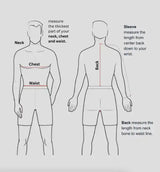 Measurement guide showing how to measure chest, back, waist, and sleeves for Cockpit USA jackets