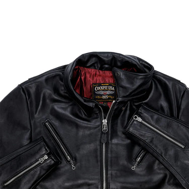 Close-up of stand collar and upper zipper details on the Cockpit USA Motorcycle Jacket.