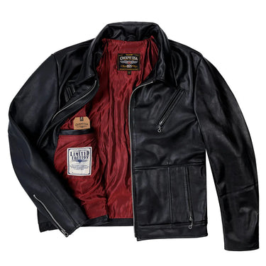 Open view of the Cockpit USA Motorcycle Jacket showing red satin lining and Limited Edition label.