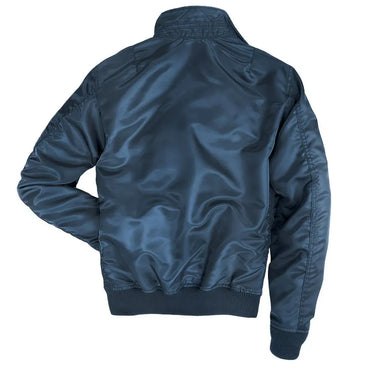 Rear view of navy blue Cockpit USA M-86 Flight Bomber Jacket with rib-knit hem and clean design.