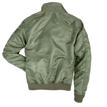 Back of sage green Cockpit USA M-86 Flight Bomber Jacket with ribbed waistband and minimal detailing.