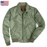 Cockpit USA M-86 Flight Bomber Jacket in sage green, front view showing angled pockets and zip sleeve pocket.