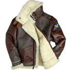 Interior view of Cockpit USA 100 Mission B-3 Sheepskin Bomber Jacket showing full shearling lining and throat latch