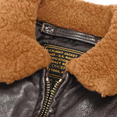 Close-up of shearling collar and leather on Cockpit USA 100 Mission G-1 jacket