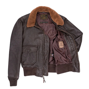 Front view of Cockpit USA Men's 100 Mission G-1 Aviator Leather Flight Jacket, made in USA