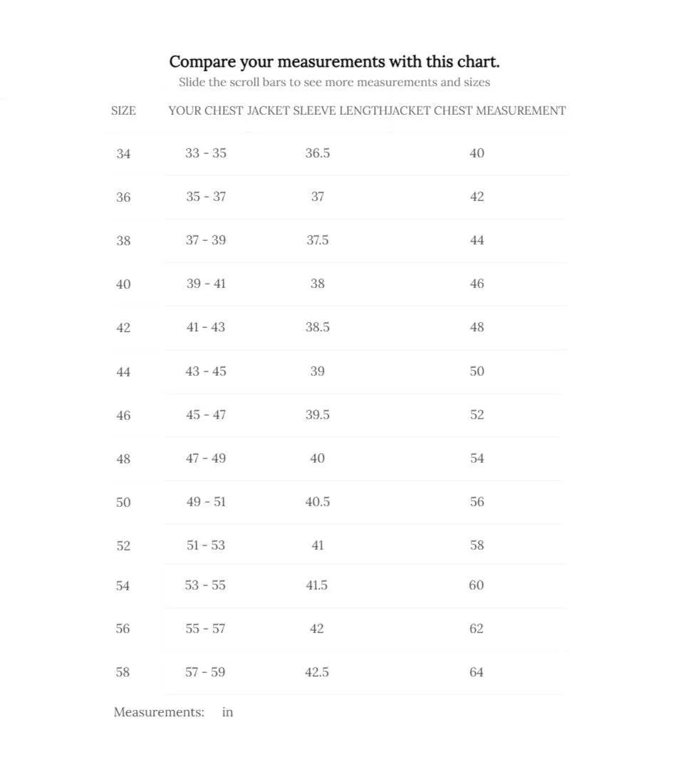 Cockpit USA Men's 40th Anniversary Horsehide A-2 Flight Jacket size chart