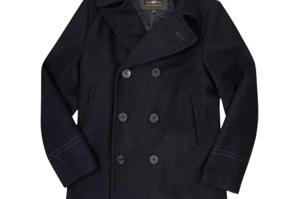 Front view of the Cockpit USA Men's Admiral USN Peacoat featuring double-breasted design and Made in USA label.