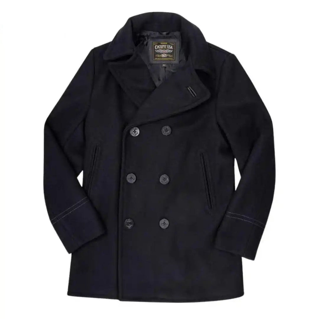 Front view of the Cockpit USA Men's Admiral USN Peacoat featuring double-breasted design and Made in USA label.