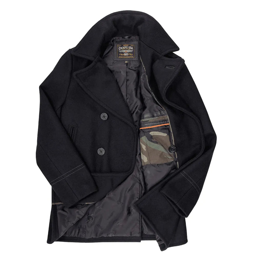 Back view of the Cockpit USA Men's Admiral USN Peacoat showcasing clean tailoring and wool construction.