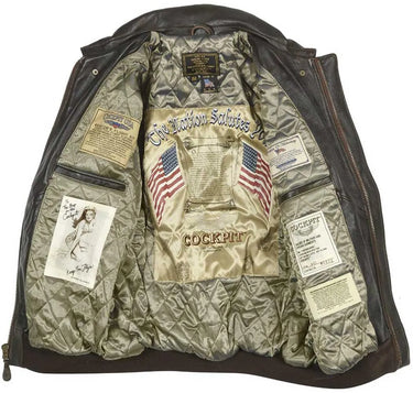 Interior view of Cockpit USA A-2 Flight Jacket featuring patriotic embroidered satin lining