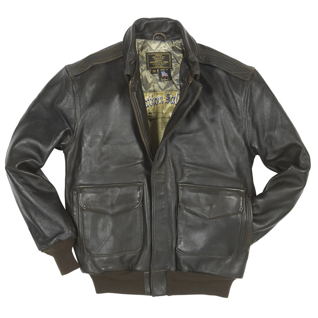 Front view of Cockpit USA Men's Antique Lambskin A-2 Flight Jacket in brown leather