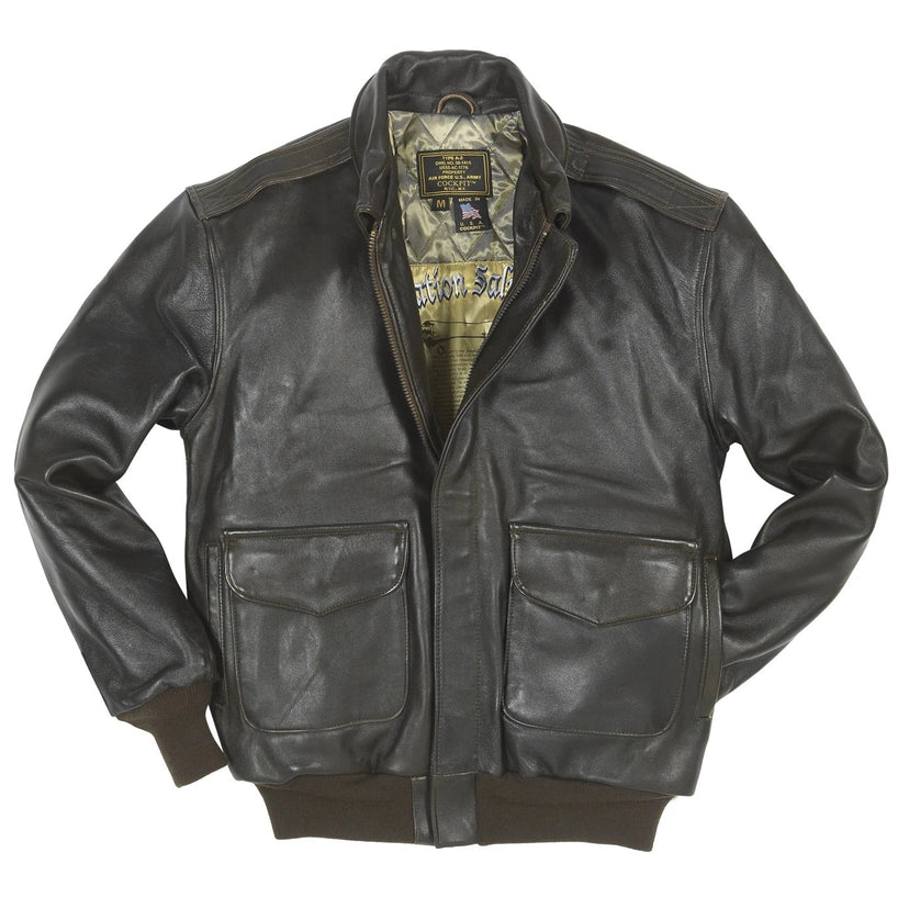 Front view of Cockpit USA Men's Antique Lambskin A-2 Flight Jacket in brown leather