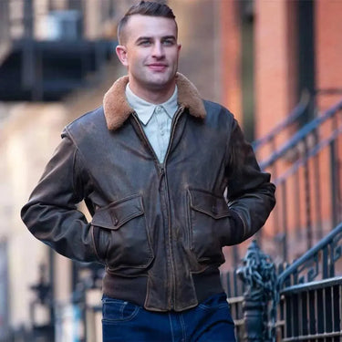 Male model walking hands in pockets of his Cockpit USA men's Avenger vintage G-1 leather flight jacket