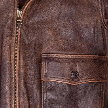 Front pocket of the Cockpit USA men's Avenger vintage G-1 leather flight jacket
