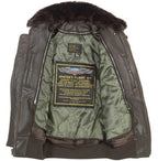Open view of Cockpit USA B-15 Jacket showing interior green lining and flight kit label