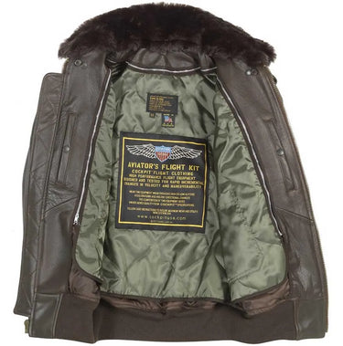 Open view of Cockpit USA B-15 Jacket showing interior green lining and flight kit label