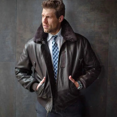Model wearing Cockpit USA B-15 Cowhide Jacket styled with dress shirt and tie