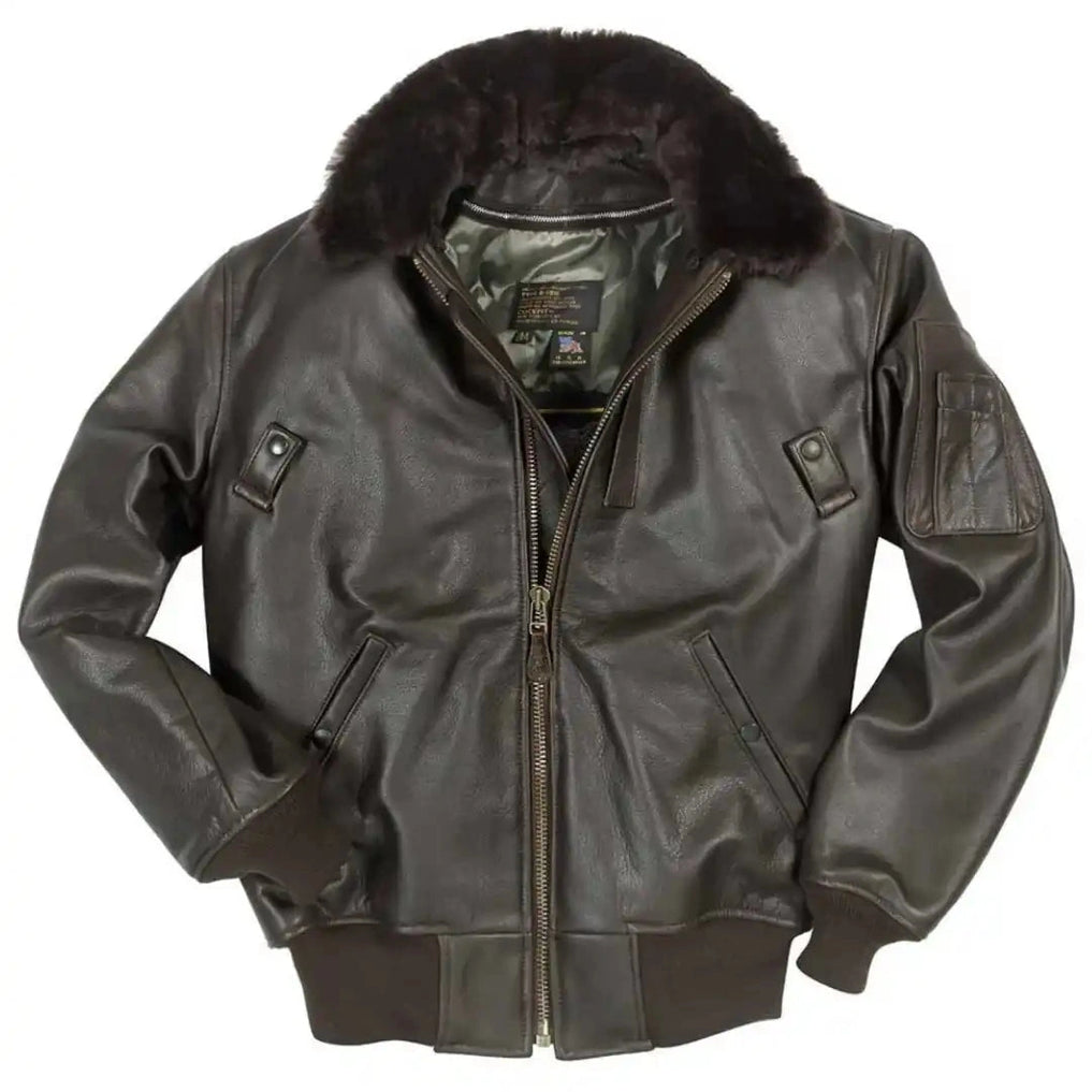 Front view of Cockpit USA Men's B-15 Cowhide Flight Jacket in brown with shearling collar