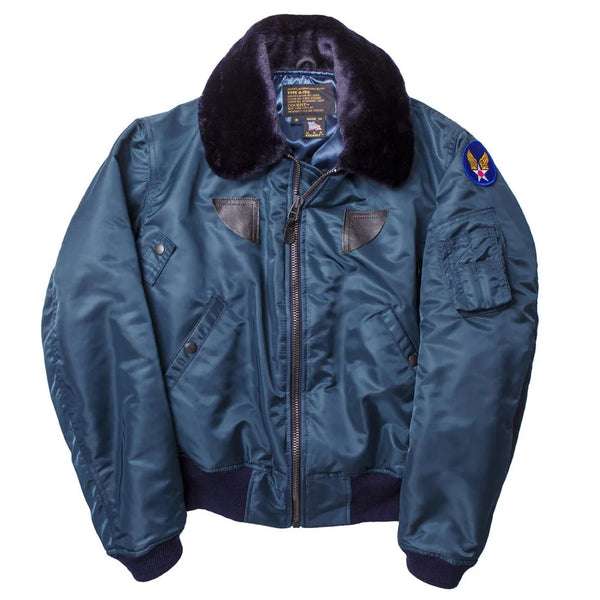 Cockpit USA Men's B-15 nylon bomber jacket in air force blue with patch, front view