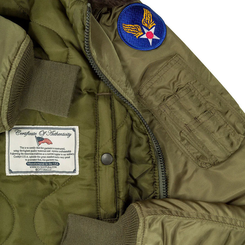 Cockpit USA Men's B-15 bomber jacket close-up of inner authenticity label and stitching