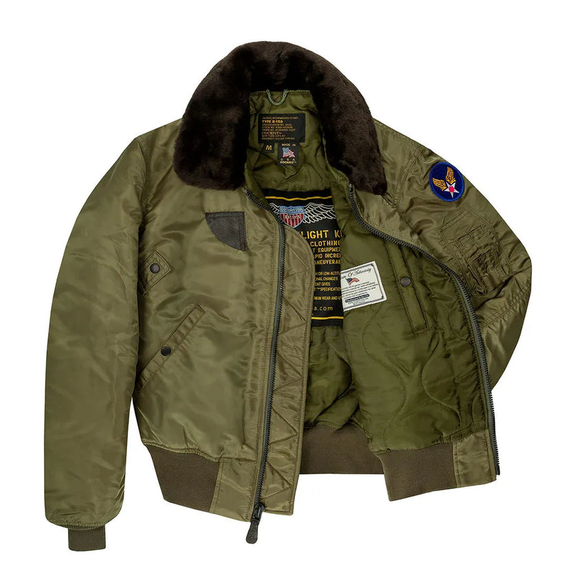 Cockpit USA Men's B-15 bomber jacket fully opened, showing inner lining and tags