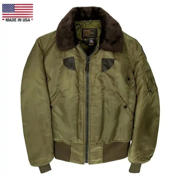 Cockpit USA Men's B-15 nylon bomber jacket in sage green with fur collar, front view