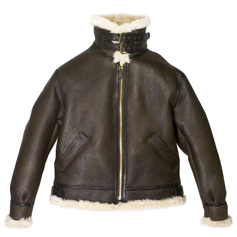 Close-up of throat latch and collar buckle on Cockpit USA Original B-3 Sheepskin Jacket