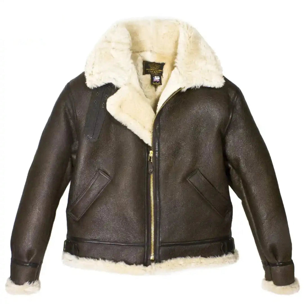Front view of Cockpit USA Original B-3 Sheepskin Bomber Jacket in dark brown with shearling collar made in USA