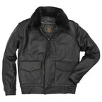 Front view of black Cockpit USA A-2 leather flight jacket with removable fur collar made in USA