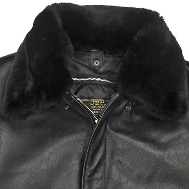 Close-up of the fur collar and tag on the Cockpit USA black A-2 jacket