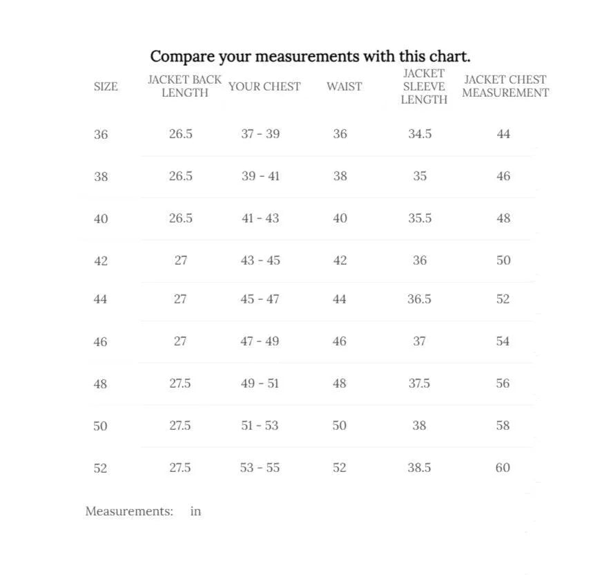 Cockpit USA Men’s Flight Crew Leather Flight Jacket | Made in USA size chart