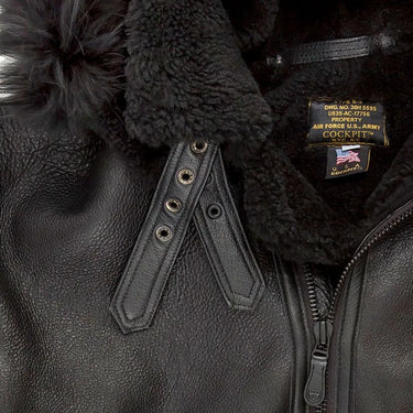 Close-up of the hood and collar grommet detail on the Cockpit USA Black B-3 Sheepskin Jacket.