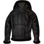 Back view of Cockpit USA Black B-3 Jacket with collar flipped up, premium product detail