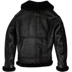 Back view of Cockpit USA men's black B-3 sheepskin bomber jacket showing rear panel detail