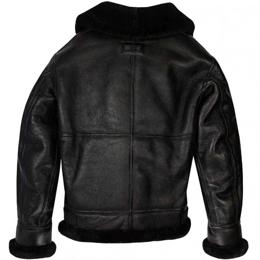 Back view of Cockpit USA men's black B-3 sheepskin bomber jacket showing rear panel detail