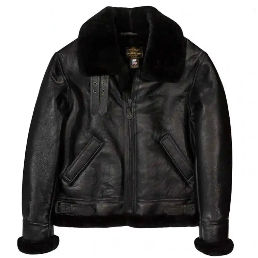 Front view of Cockpit USA Men's Black B-3 Sheepskin Bomber Jacket with shearling collar made in USA