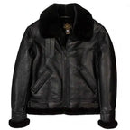 Front view of Cockpit USA Men's Black B-3 Sheepskin Bomber Jacket with shearling collar made in USA