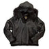 Front view of the Cockpit USA Black B-3 Hooded Sheepskin Bomber Jacket with fur trim and made in USA label.