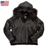 Front view of the Cockpit USA Black B-3 Hooded Sheepskin Bomber Jacket with fur trim and made in USA label.
