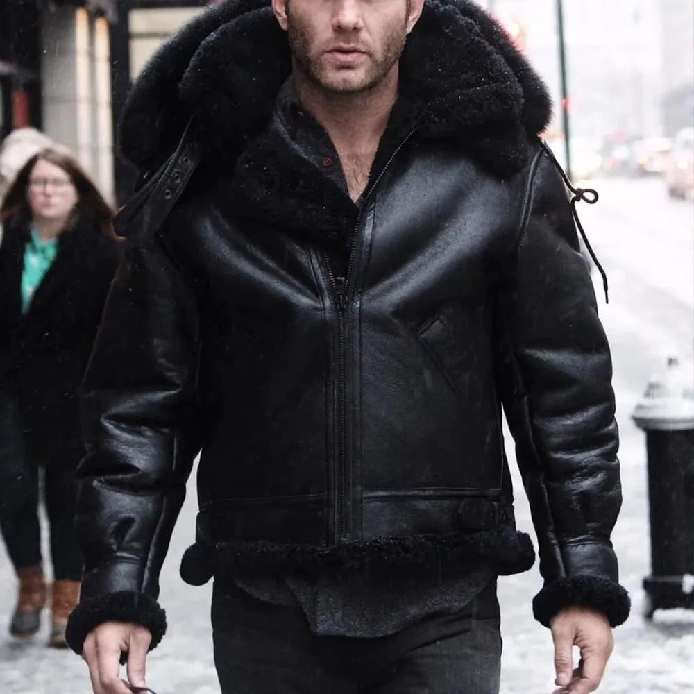 Cockpit USA Men's Black B-3 Hooded Sheepskin Bomber Jacket