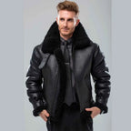 Model wearing Cockpit USA Black B-3 Bomber Jacket styled with formal attire