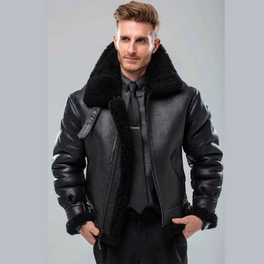 Model wearing Cockpit USA Black B-3 Bomber Jacket styled with formal attire