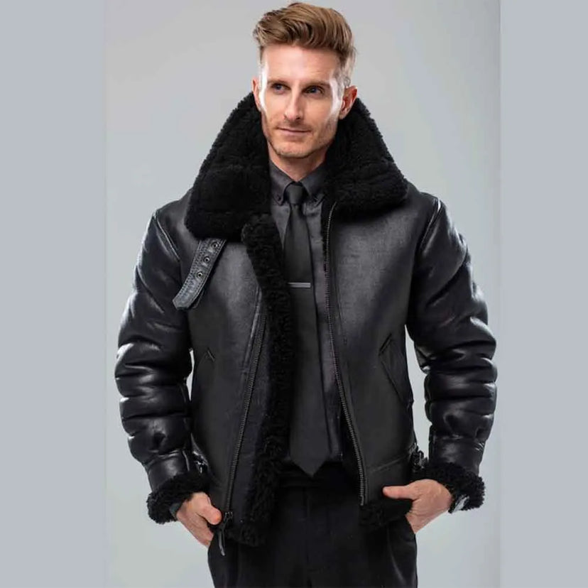 Model wearing Cockpit USA Black B-3 Bomber Jacket styled with formal attire