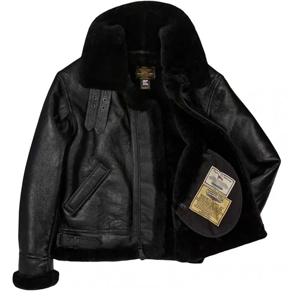 Men's Black Leather Bomber Jacket | Black Shearling Jacket