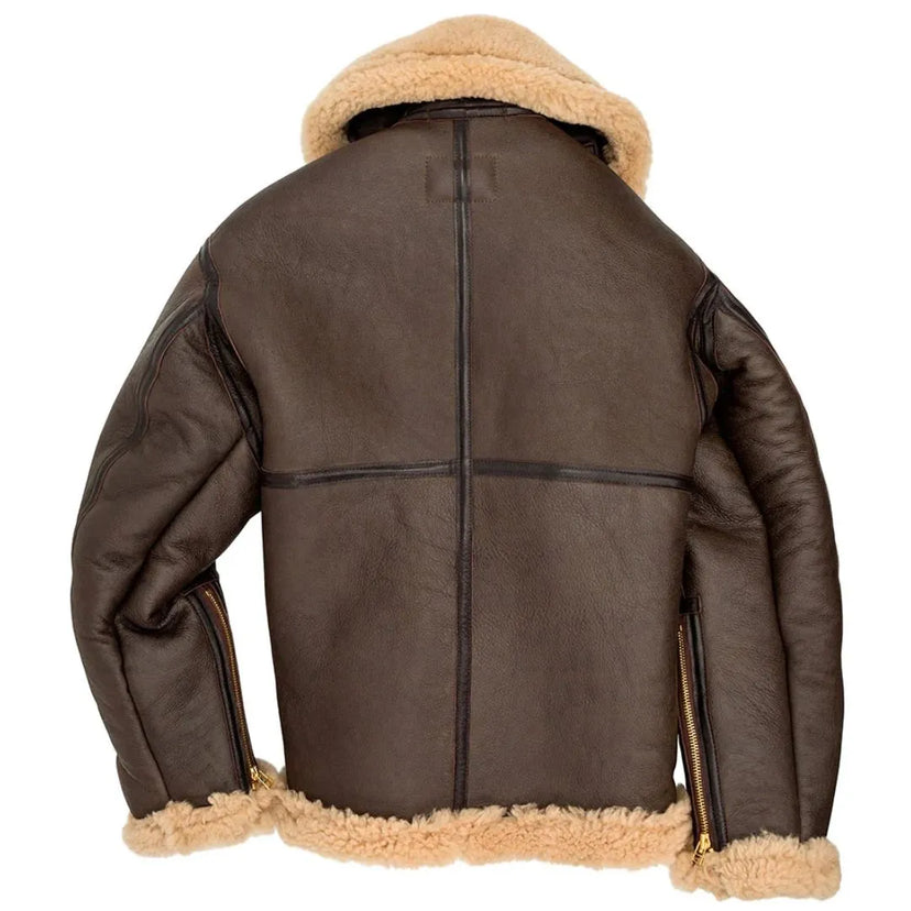 Back view of the Cockpit USA men's British RAF sheepskin bomber jacket, made in USA