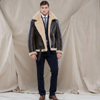 Male model wearing a Cockpit USA men's British RAF sheepskin bomber jacket