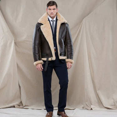 Male model wearing a Cockpit USA men's British RAF sheepskin bomber jacket